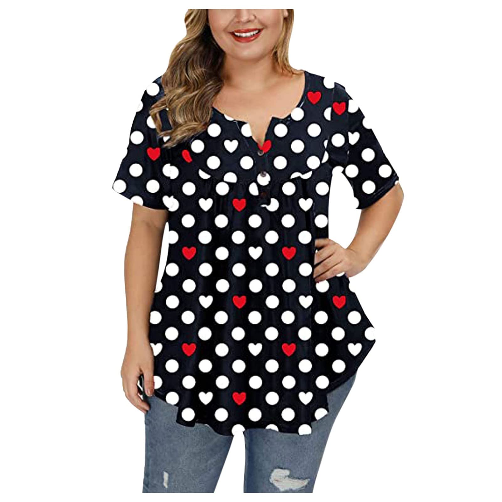 Plus Size Floral Blouses for Women - V Neck Henley Button Up Tunic Tops with Plaid Print & Ruffle Details | Flowy Short Sleeve T-Shirts for Casual Wear, Office Outfits & Summer Fashion