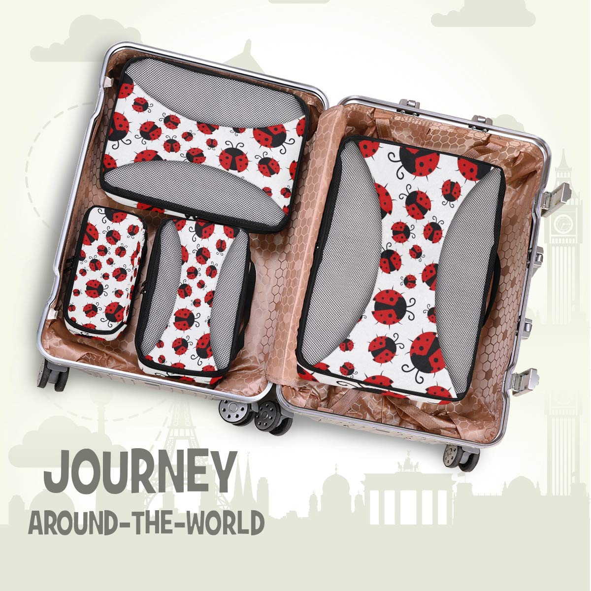 4-Piece Ladybugs Print Packing Cubes Set - Travel Luggage Organizers with Mesh Storage Bags for Suitcases | Perfect for Vacation, Business Trips & Weekend Getaways