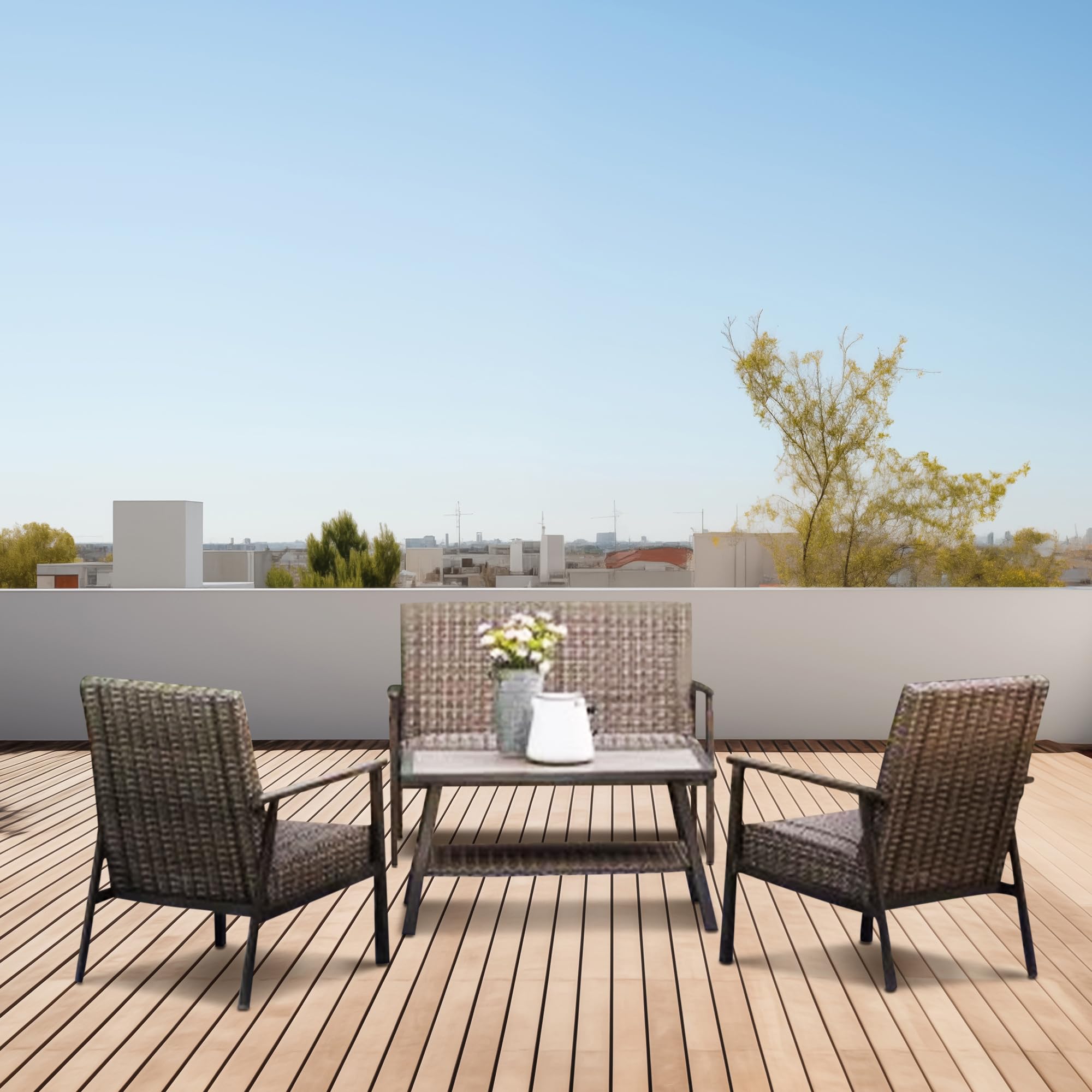 Nantucket 4-Piece All-Weather Outdoor Patio Furniture Set - 2 Chairs, Loveseat & Rectangular Table in Brown - Perfect for Backyard, Poolside & Garden Relaxation