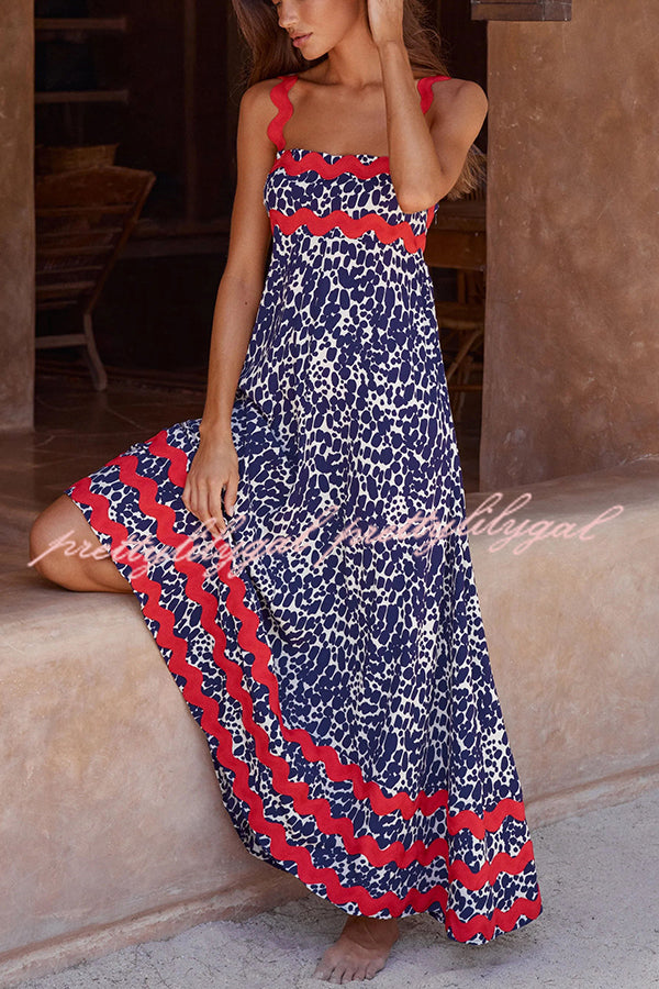 Vivi Floral Print Wavy Suspender Side Zip Maxi Dress for Women - Elegant Summer Beach Wedding Party Dress with Pockets