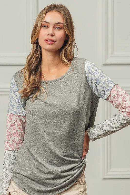 BiBi French Terry Paisley Triblend Color Block T-Shirt - Soft & Stylish Casual Wear for Women | Perfect for Everyday Outfits, Lounge Wear & Street Fashion