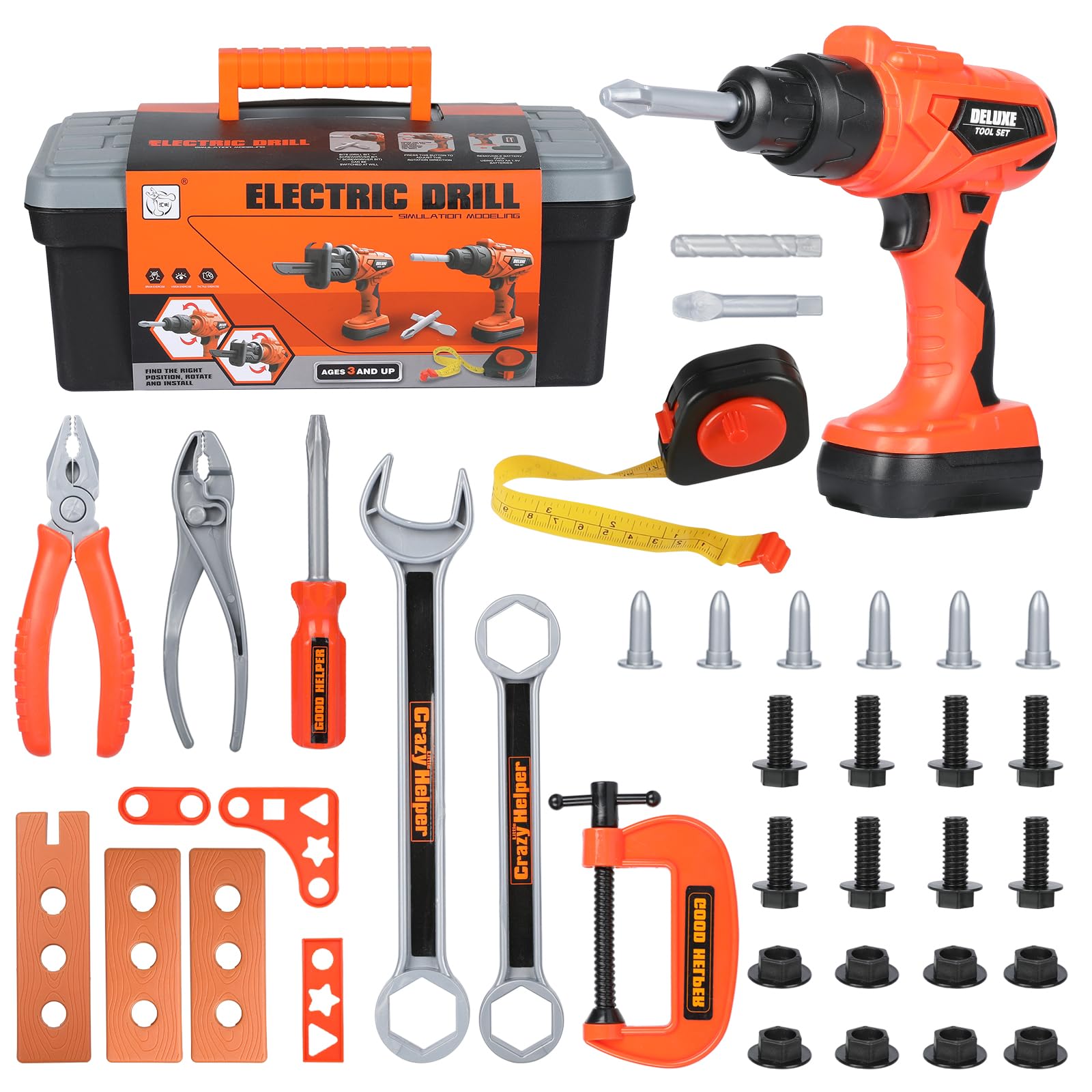 35-Piece Kids Tool Set with Toolbox & Electronic Toy Drill - Pretend Play Construction Toys for Toddlers & Boys Ages 3-8 - Perfect for DIY Projects, Role Play & Early STEM Learning