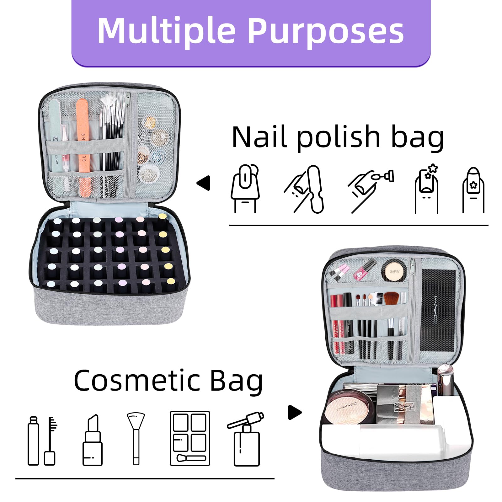 Double Layer Nail Polish Organizer Case - Holds 30 Bottles (15ml/0.5oz) for Nail Dryer Lamp - Portable Nail Storage for Nail Tech & Salon Professionals - Gray - Perfect for Travel, Home & Professional Salon Use