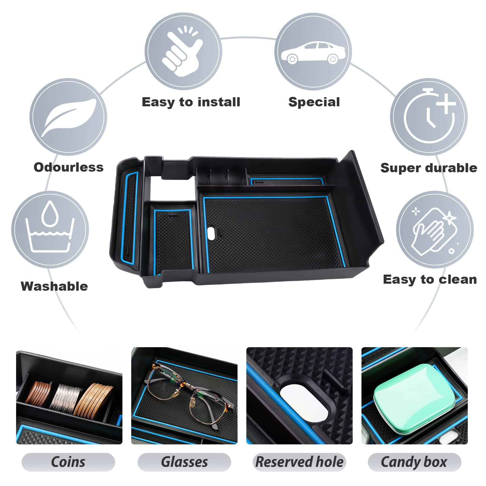 2020-2025 Mazda CX-30 Center Console Organizer Tray - Premium Armrest Storage Box with Coin Holder & Non-Slip Design | Perfect for Car Organization, Phone Storage & Road Trips (Blue)