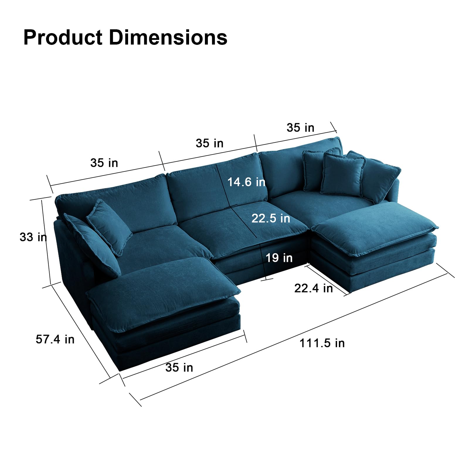 KIVENJAJA Chenille U-Shaped Modular Sectional Sofa - Modern 3-Seater Deep Seat Cloud Couch with 2 Ottomans/Chaises & 5 Throw Pillows - 111.5