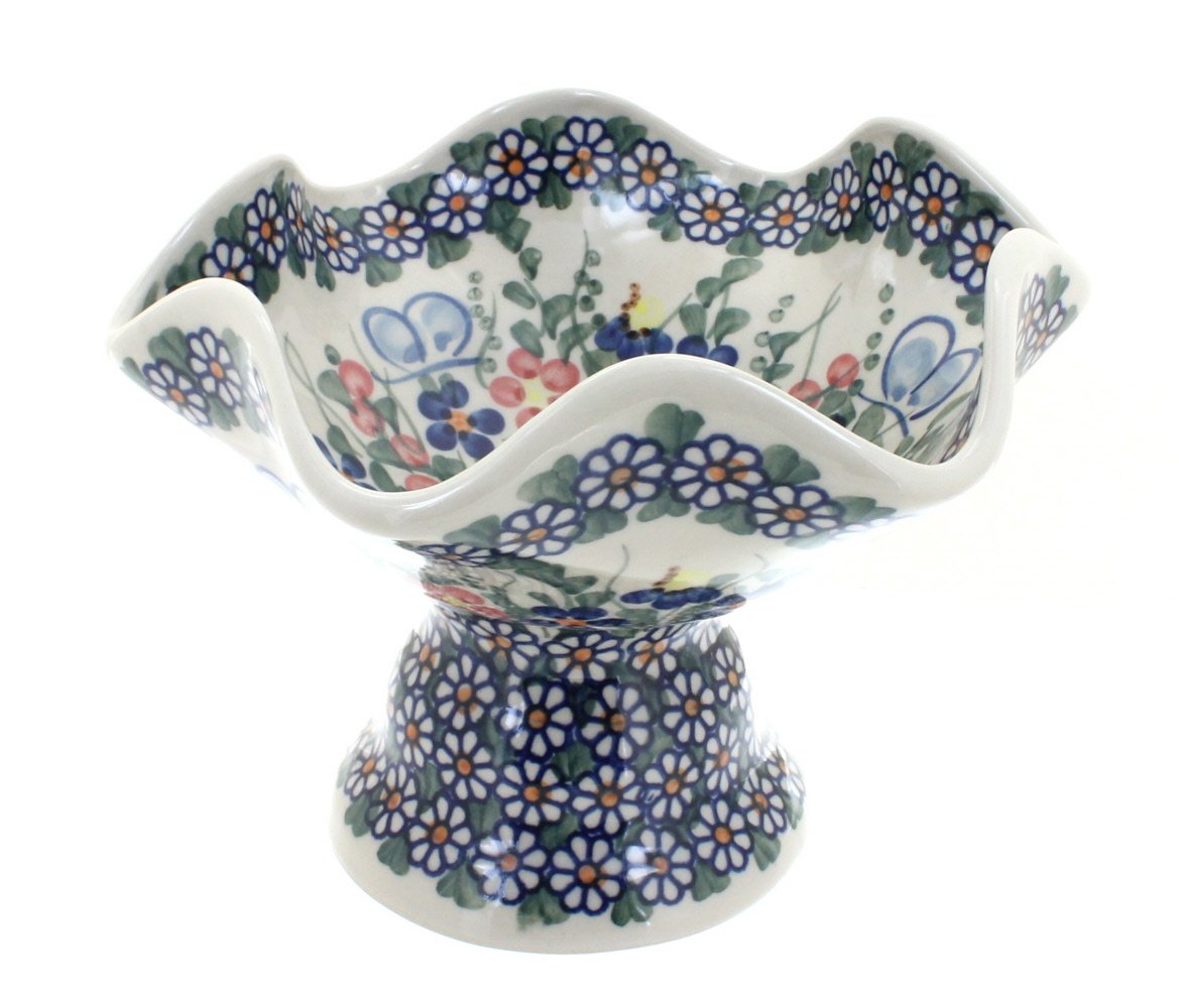 Handmade Blue Rose Polish Pottery Butterfly Candy Dish - Elegant Pedestal Bowl for Garden Parties, Wedding Favors & Home Decor