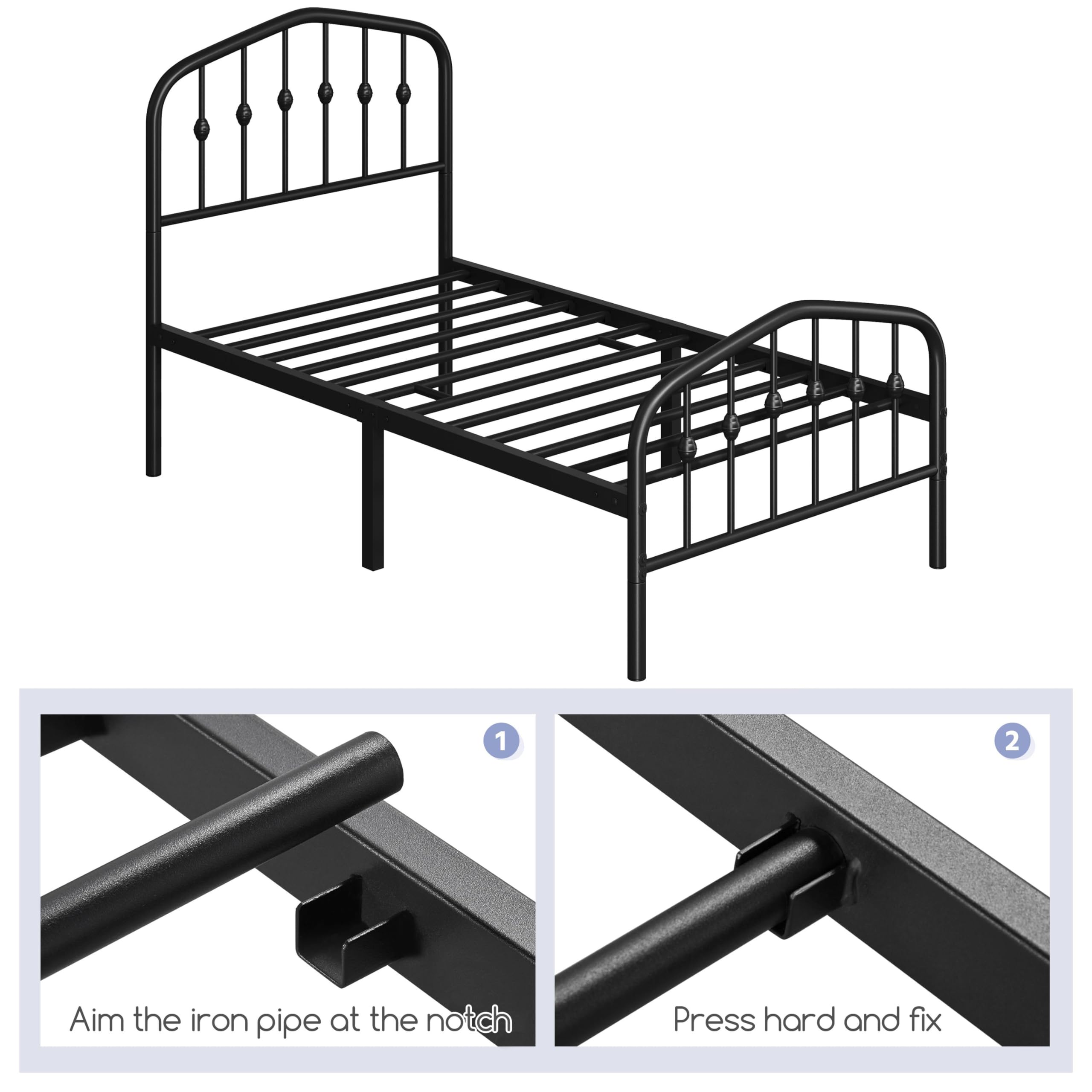 Yaheetech Twin Metal Bed Frame with Victorian Wrought Iron Headboard & Footboard - Easy Assembly, No Box Spring Required, Black Twin Size Bed - Perfect for Guest Rooms, Dorms & Victorian-Style Bedrooms