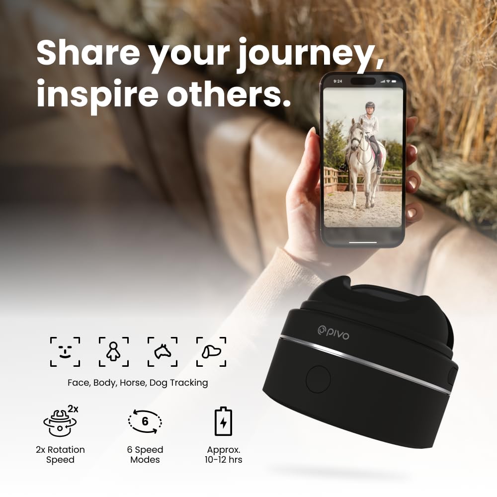 Pivo Equestrian Max AI-Powered 360° Rotating Smartphone Mount for Horses - Auto Tracking Face & Body Motion for Equestrians, Athletes & Content Creators - Compatible with iPhone, Android & Tablets - Remote Control Included - Perfect for Riding Lessons, Training Sessions & Social Media Videos