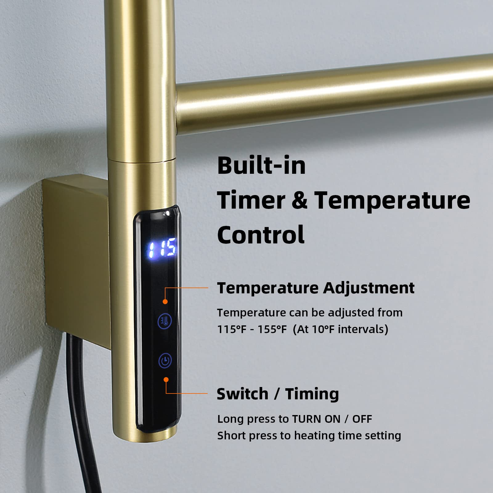 TRUSTMI 4-Arm Swivel Electric Towel Warmer Rack - Built-in Timer & Temperature Indicator, Wall Mounted Plug-in Heated Towel Rack for Bathroom (Brushed Gold) - Perfect for Spa, Luxury Hotels & Cozy Home Bathrooms