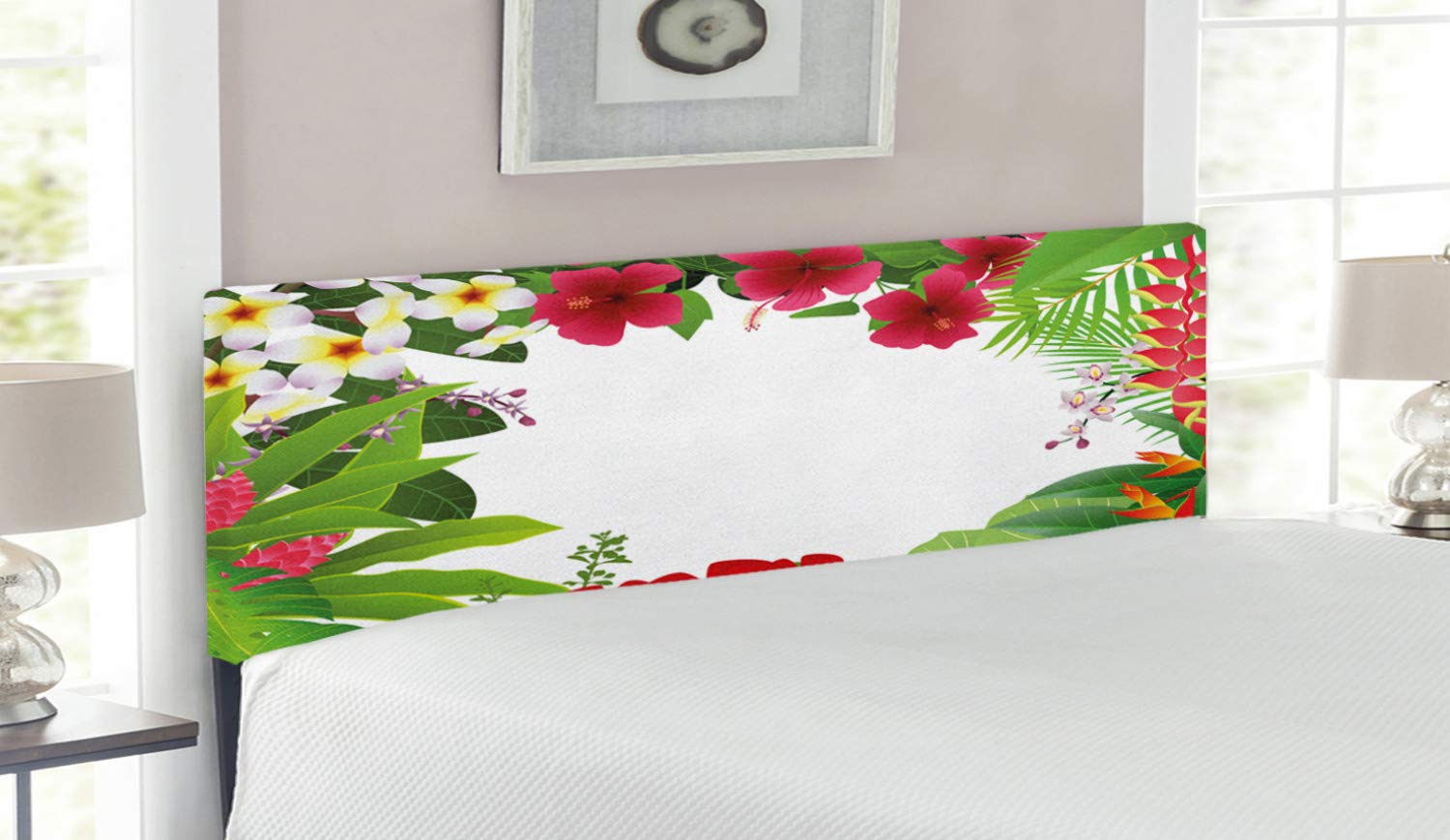 Ambesonne Queen Size Upholstered Headboard with Memory Foam - Tropical Leaf Print Design (Hibiscus, Plumeria, Crepe Ginger) - Decorative Metal Bed Frame in Hot Pink & White - Perfect for Boho Chic Bedrooms, Guest Rooms & Tropical Themed Decor