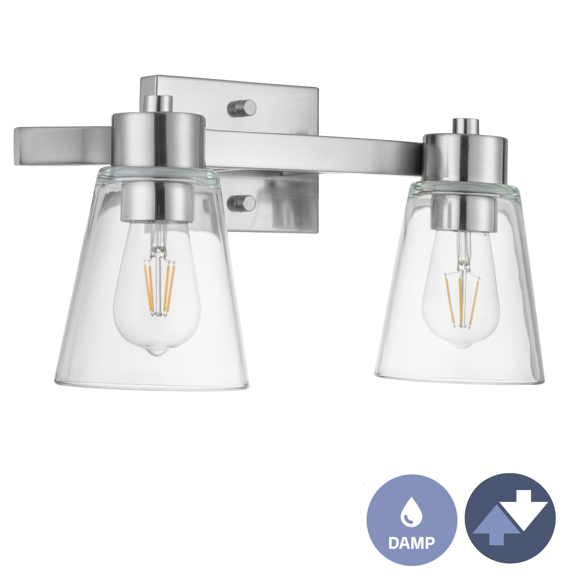 Fairendale 2-Light Vanity Light Fixture with Clear Glass Shades in Brushed Nickel Finish - Perfect for Bathroom, Bedroom, or Dressing Room Lighting