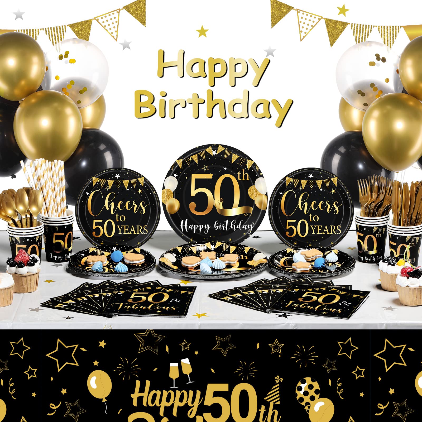 Black and Gold 50th Birthday Decorations for Men & Women - Anniversary Balloons, Tablecloth, Tableware Set for Party Guests - Perfect for Milestone Celebrations & Special Events