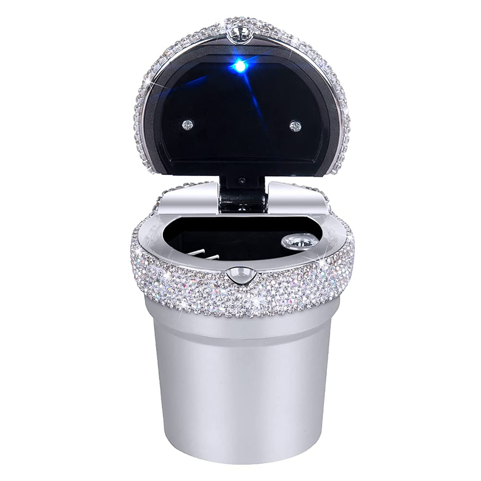 Portable Car Ashtray with Blue LED Light - Smokeless Cigarette Holder for Cup Console - Car Accessories for Women & Men - Ideal for Vehicle, Home & Office Use - Perfect for Road Trips & Indoor Smoking Areas (1-Pack, Silver)