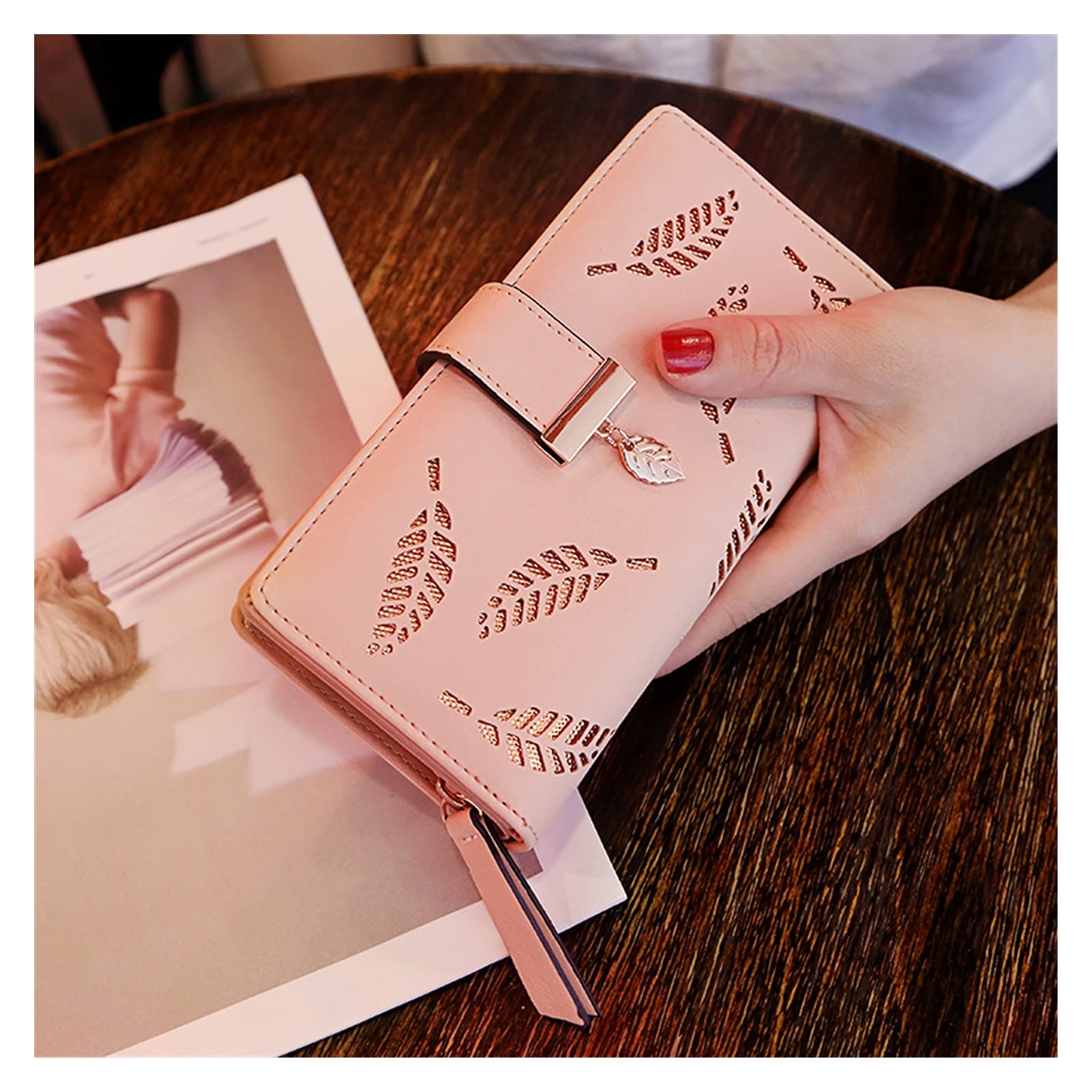 Women's PU Leather Long Wallet with Hollow Leaf Design - Gold & Pink Card Holder, Coin Purse & Clutch for Everyday Use, Travel & Special Occasions