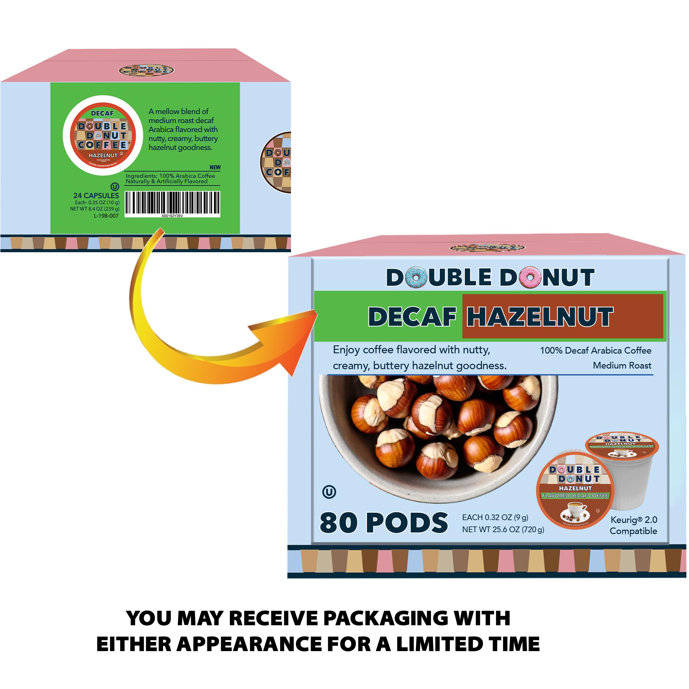 Double Donut Flavored Decaf Coffee Pods for Keurig K-Cup Machines - Medium Roast Decaf Hazelnut Coffee - 80 Count (Pack of 1) - Perfect for Office, Home & Gift Giving