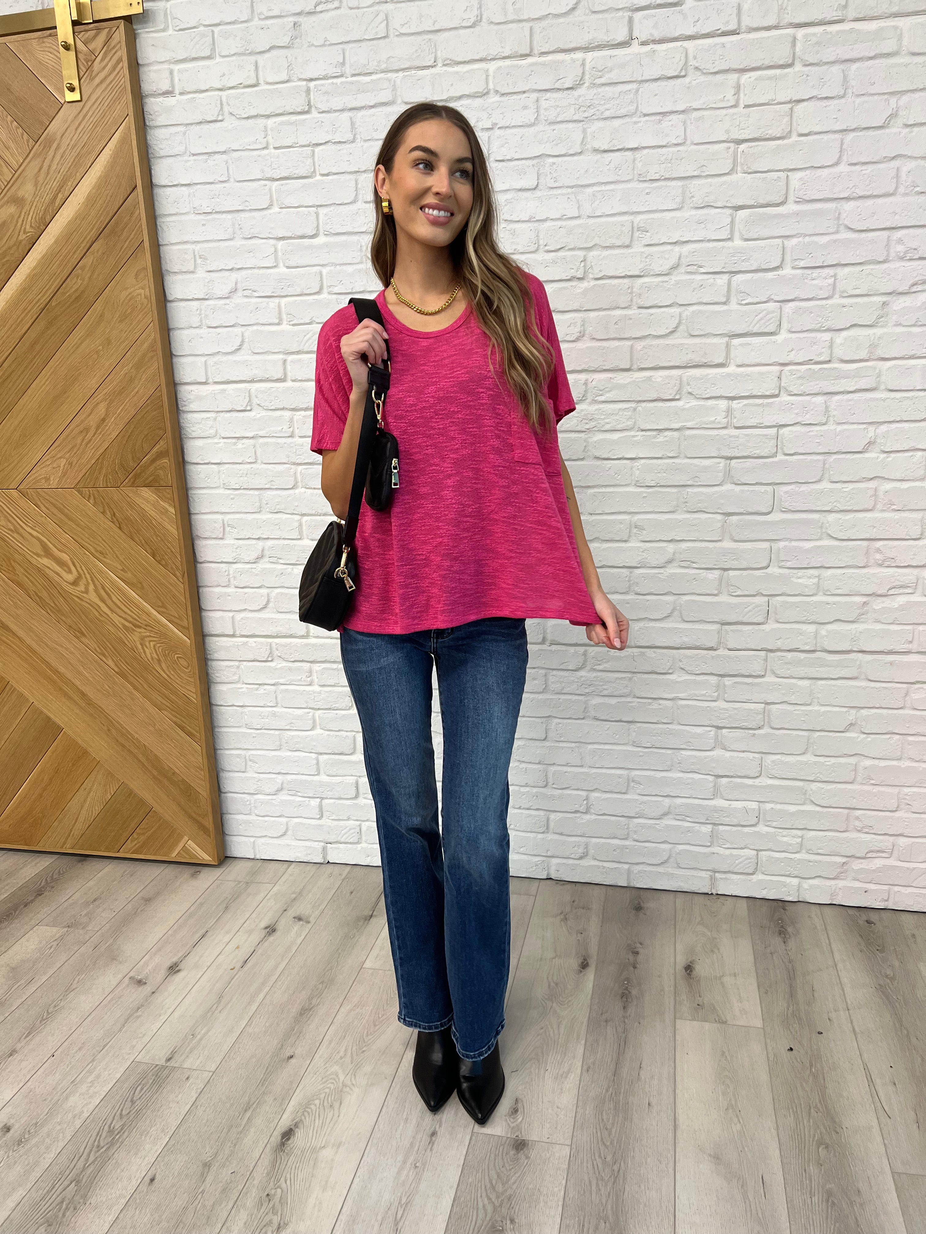 Flowy Dolman Sleeve Blouse in Hot Pink - Women's Loose Fit Casual Tunic Top for Summer Outfits & Layering