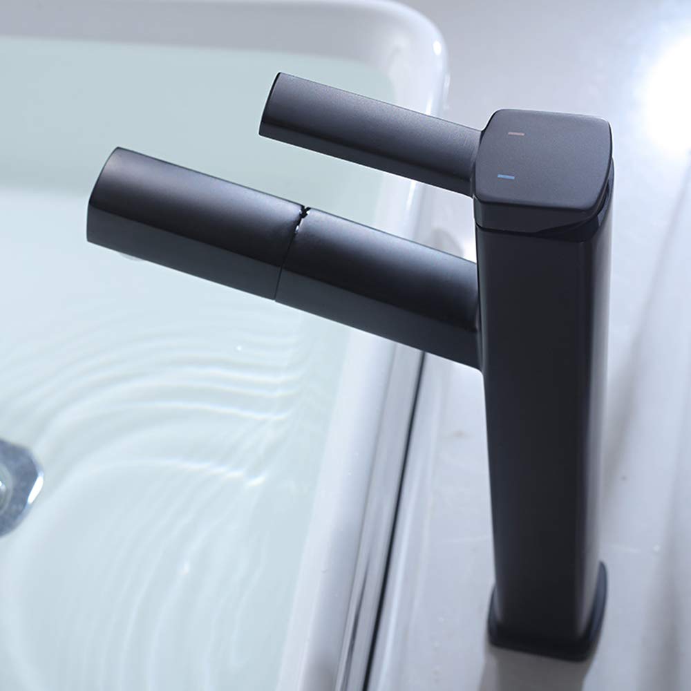 KAIYING Black Pull Down Vessel Sink Faucet - Single Hole Bathroom Lavatory Faucet with Rotating Spout & Pull Out Sprayer - Tall Single Handle Mixer Tap for Modern Vanity & Utility Sink (Perfect for Bathroom Remodel & Powder Room Upgrade)