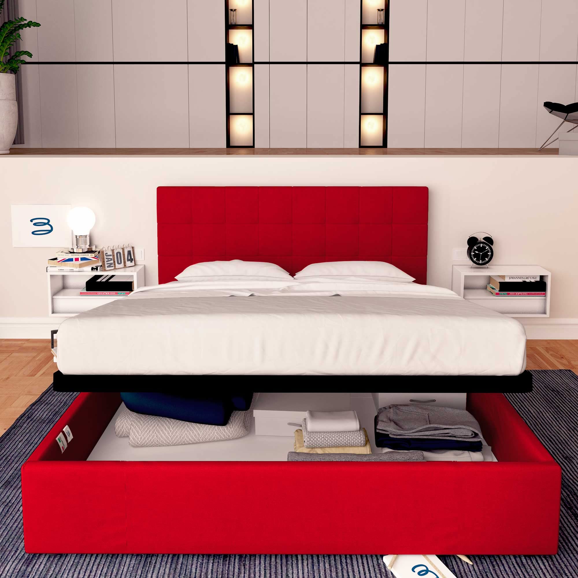 Baldiflex Single Bed with Synthetic Leather Storage Headboard, Slatted Base for Single Mattress, 80 x 190 cm, Elegant Red Design - Perfect for Small Bedrooms, Guest Rooms & Studio Apartments