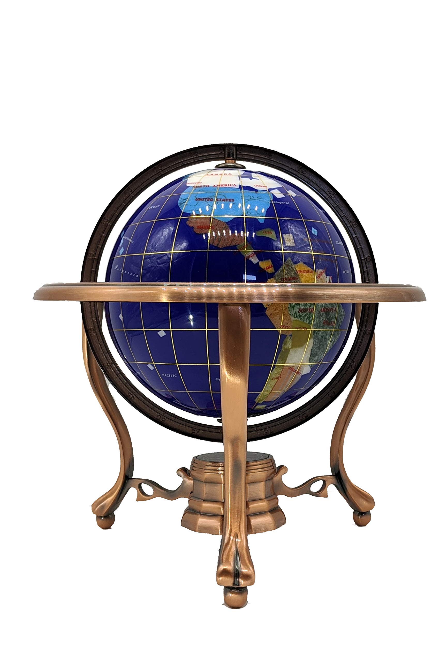 10-Inch Blue Lapis Ocean Gemstone World Globe with Copper Tripod Stand - Unique Art Tabletop Decor for Home, Office & Gift Giving - Perfect for Geography Lovers & Meditation Spaces