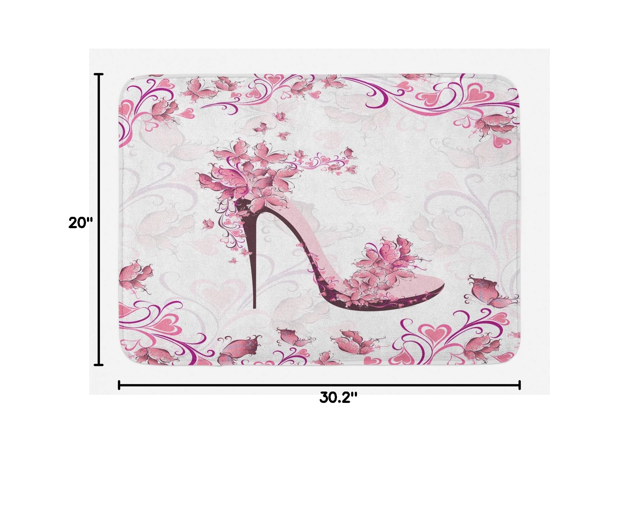 Lunarable Pink and White Bath Mat - Non-Slip Plush Bathroom Rug with Feminine Butterfly & Heart High Heel Shoe Pattern, 30.2 x 20 Inches, Pale Pink - Soft & Absorbent for Bathroom, Vanity, Dressing Room Decor