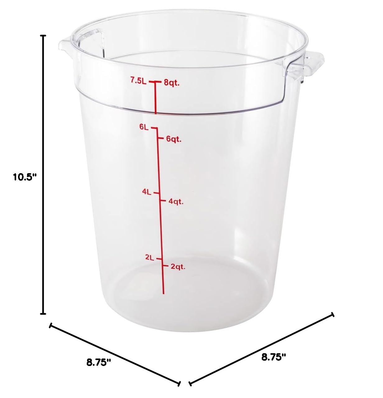 Restaurantware Met Lux 8 Quart (7.6L) Clear Plastic Food Storage Containers - 10-Pack Round Commercial Food Prep Buckets with Volume Markers, Lids Sold Separately | Space-Saving Kitchen Organization for Restaurants, Catering & Bulk Food Storage