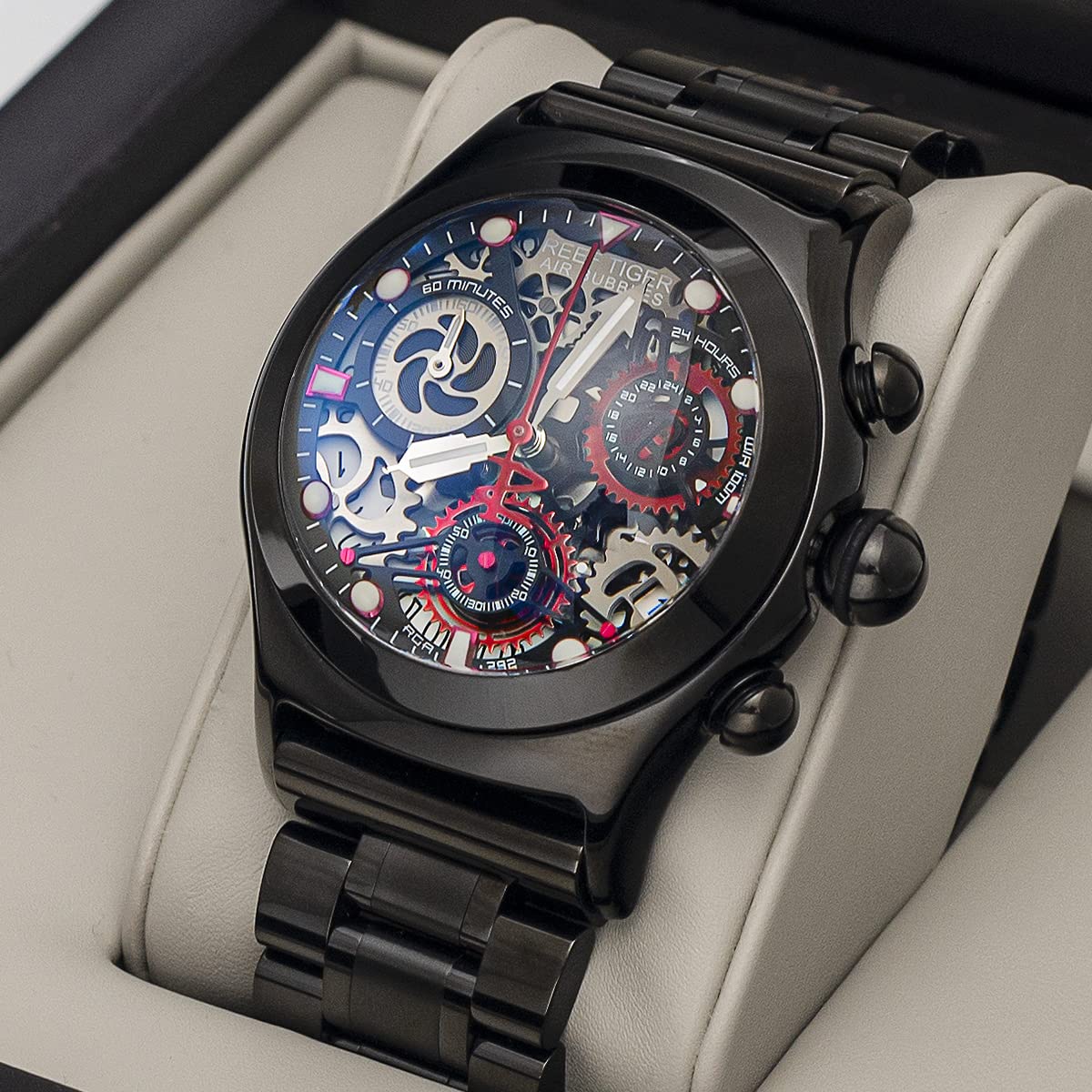 REEF TIGER Men's Skeleton Automatic Sports Watch - Luminous PVD Stainless Steel Bracelet, Waterproof Mechanical Watch RGA792 for Outdoor Activities & Casual Wear