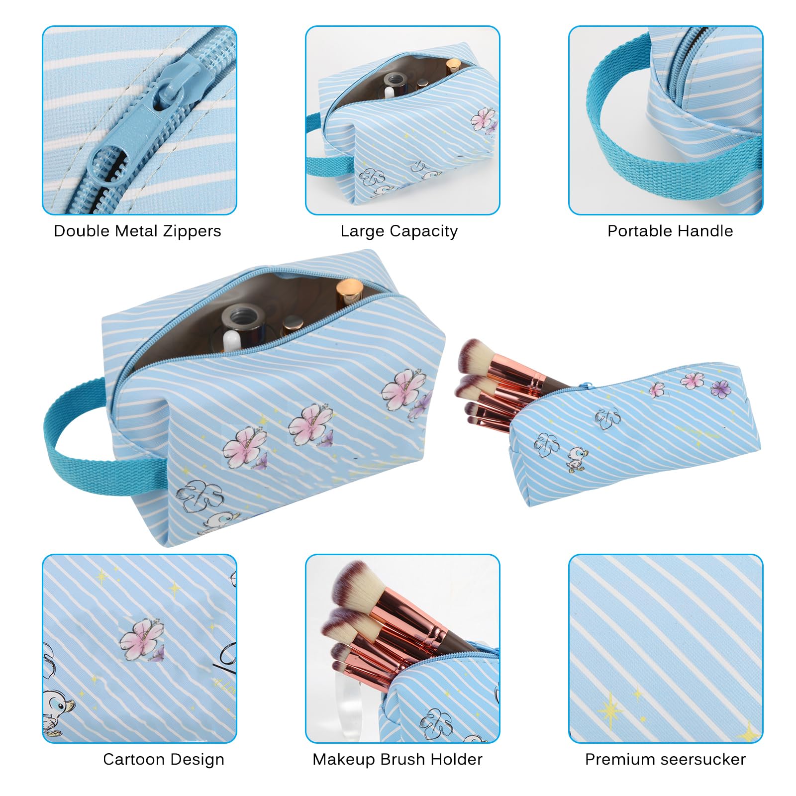 Premium Travel Cosmetic Bag with Double-Sided Mirror & Makeup Brush Pouch - Large Capacity PU Leather Toiletry Organizer for Women | Perfect Gift for Her, Girls, Teens | Ideal for Travel, Gym, Vacation & Daily Makeup Storage (Blue)