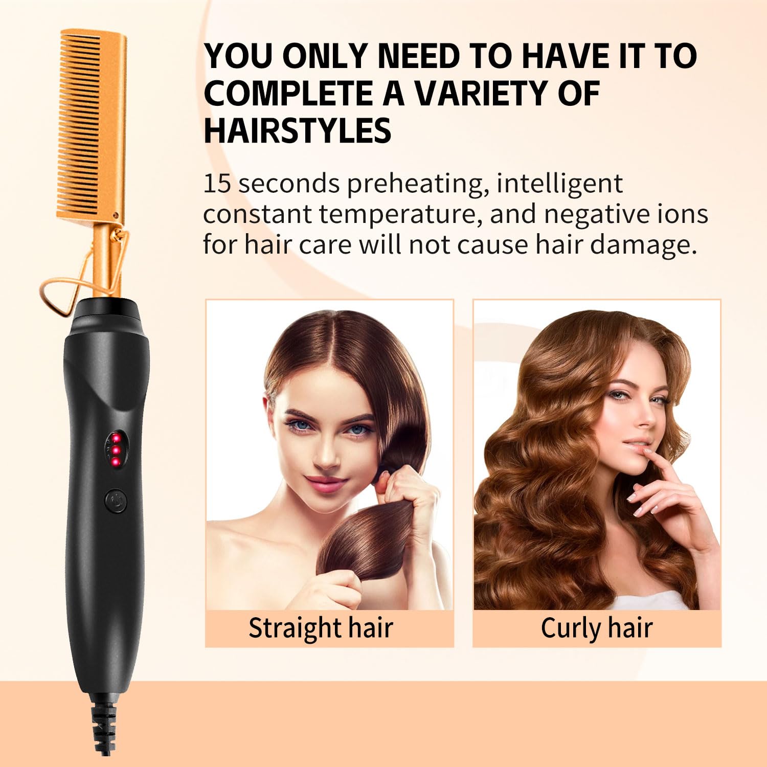 Electric Hot Comb Set for Natural Black Hair & Wigs - Straightener, Curling Iron, Pressing Combs with Wig Glue & Hair Wax Stick - Includes Rat Tail Comb & Salon Clips - Perfect for Home Styling & Professional Salon Use