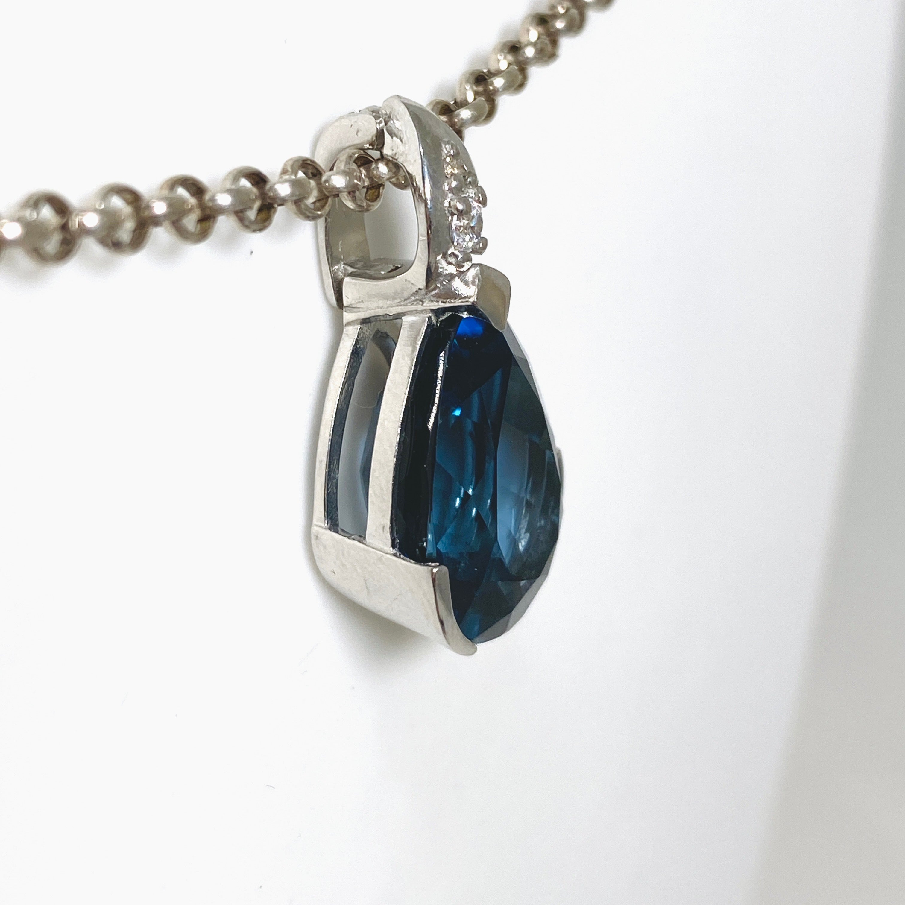 London Blue Topaz Teardrop Faceted Pendant Necklace with CZ Stones - Elegant Jewelry for Women, Perfect for Weddings, Parties & Special Occasions