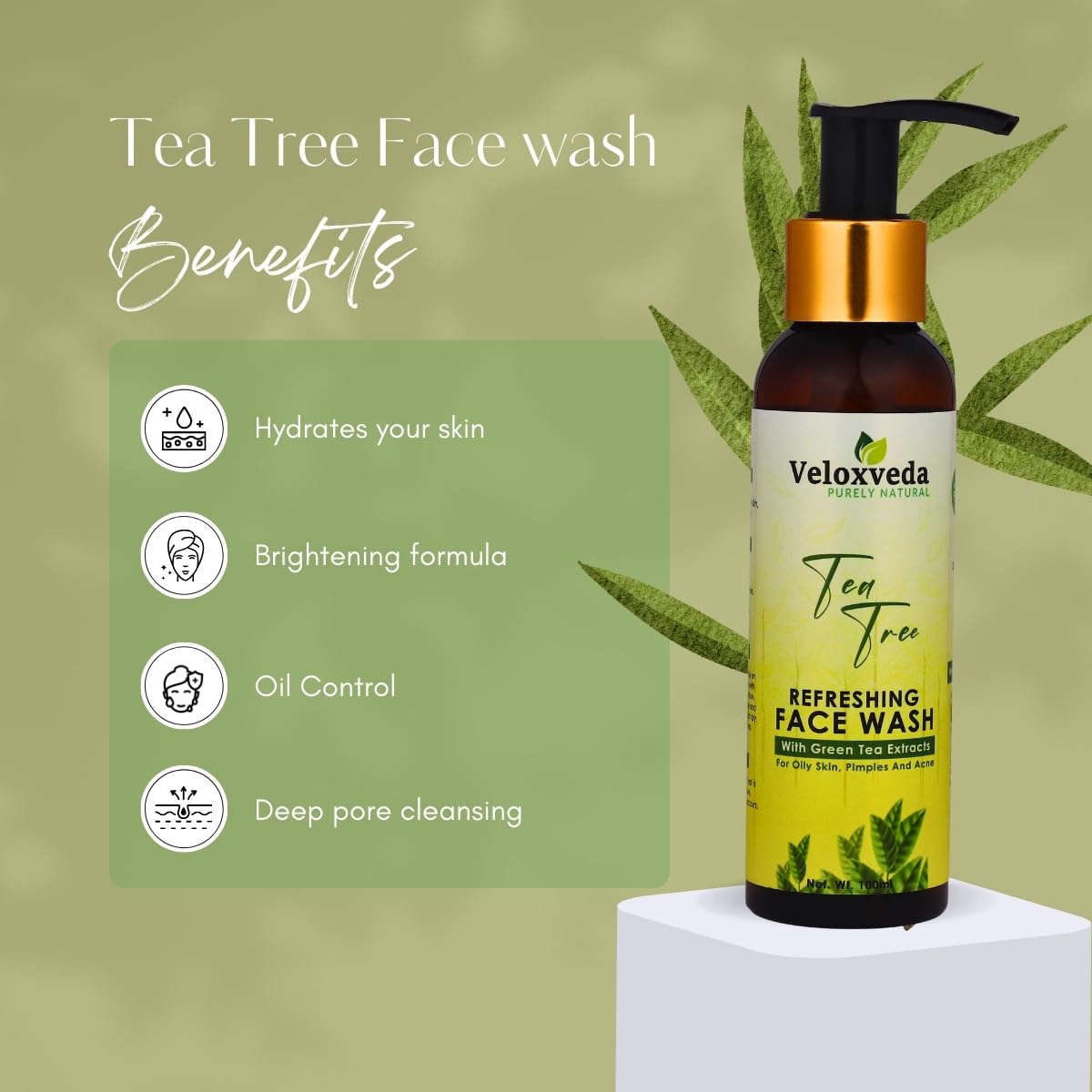 VeloxVeda Tea Tree Face Wash 100ml - Natural Anti-Acne Cleanser for Oily & Acne-Prone Skin | Paraben-Free, Sulfate-Free Formula with Turmeric, Curry Leaves & Tea Tree Oil | Gentle Daily Facial Cleanser for Men & Women | Perfect for Morning & Night Skincare Routine