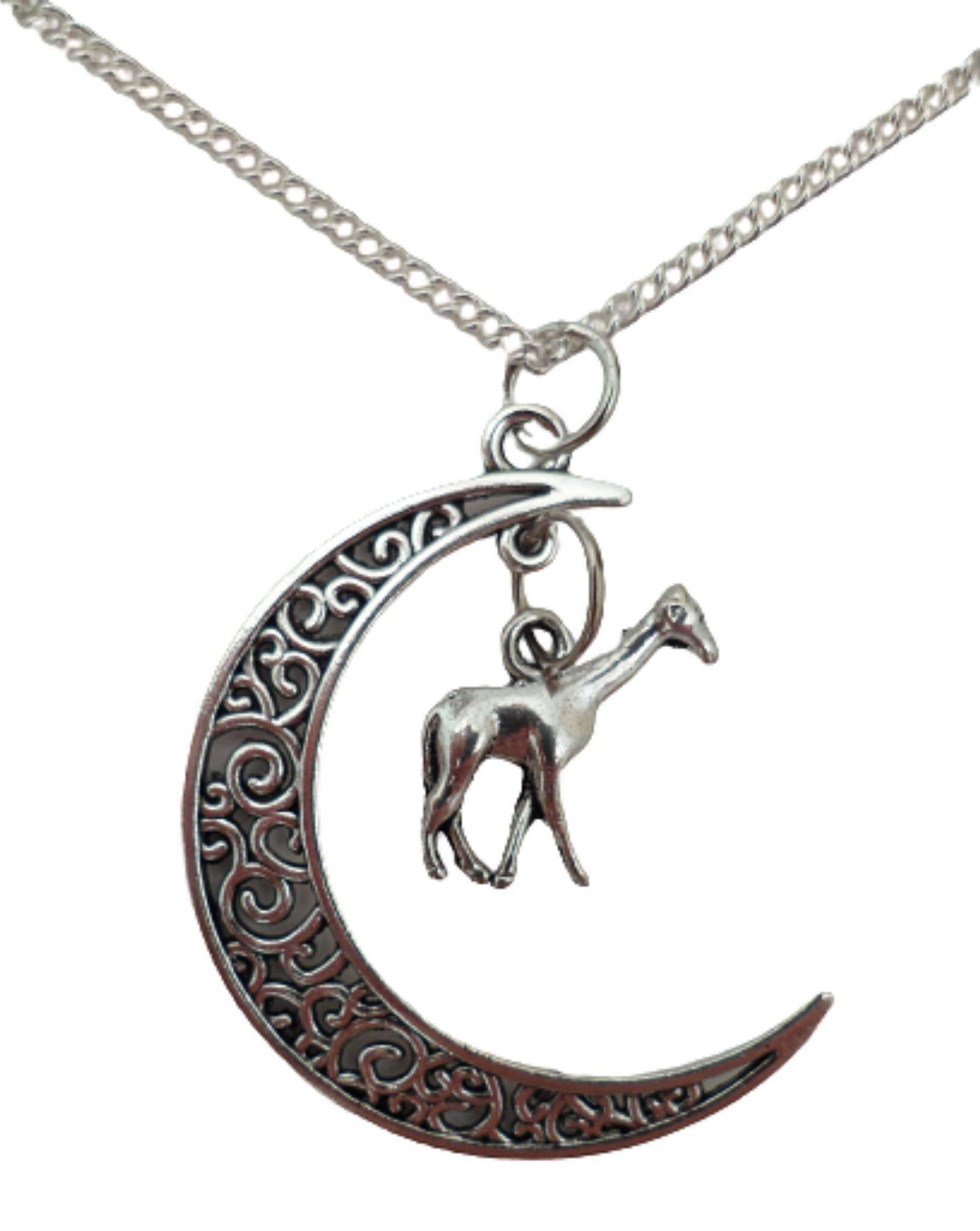 Sterling Silver Plated Giraffe Charm Necklace with Crescent Moon Pendant - Elegant Animal Jewelry for Women, Perfect for Date Night & Gift Giving