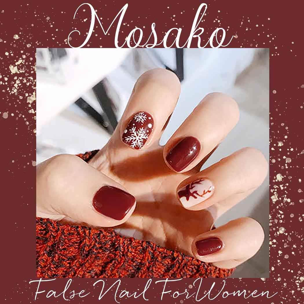 Mosako Christmas Snowflake Press-On Nails - 24Pcs Red Glossy Fake Nails with Deer Design, Acrylic Full Cover Artificial Fingernails for Women & Girls | Perfect for Holiday Parties, Gift Giving & Festive Nail Art