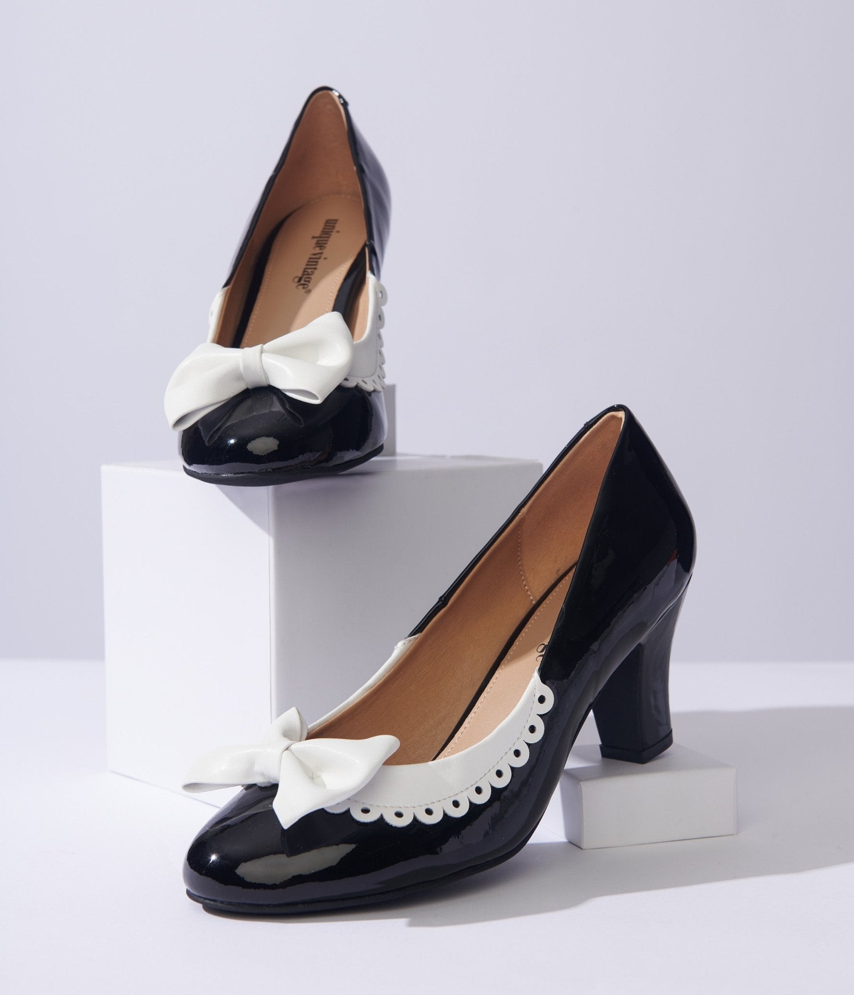 Vintage Black & White Bow Patent Leather Pumps - Classic Elegant Women's Dress Shoes for Weddings, Parties & Formal Events