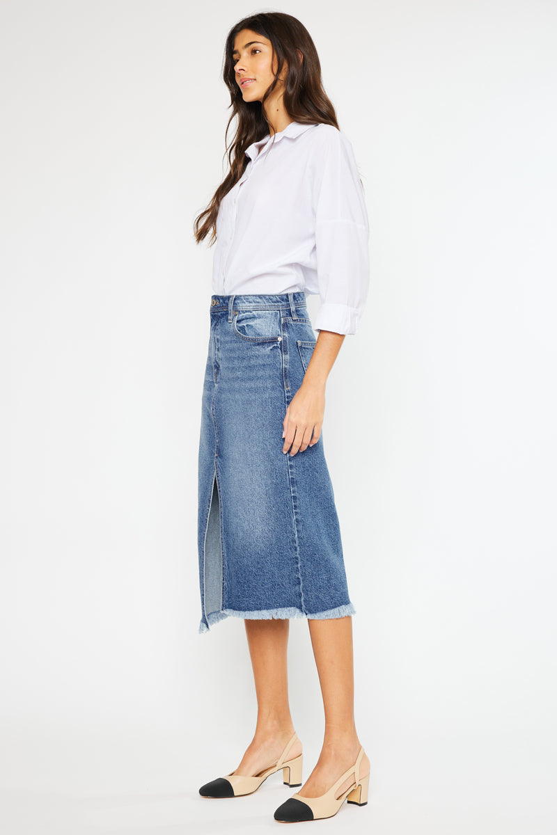 Indigo High Rise Midi Skirt for Women - Stretchy A-Line Denim Skirt with Pockets | Perfect for Casual Outfits, Office Wear & Date Nights