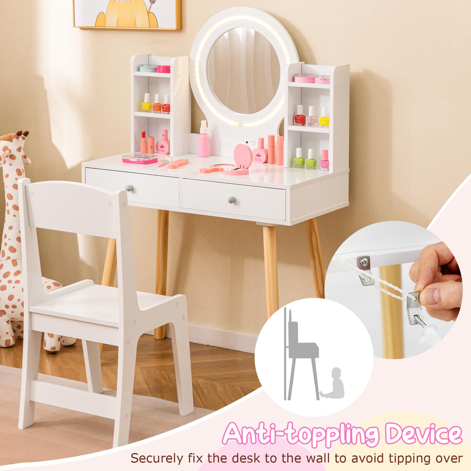 Costzon Kids Vanity Set with Mirror, Stool & LED Lights - Wooden Toddler Makeup Dressing Table with Storage Drawers & Shelves - Pretend Play Vanity Desk & Chair for Girls (White) - Perfect for Birthday Gifts, Bedroom Decor & Role Play Activities