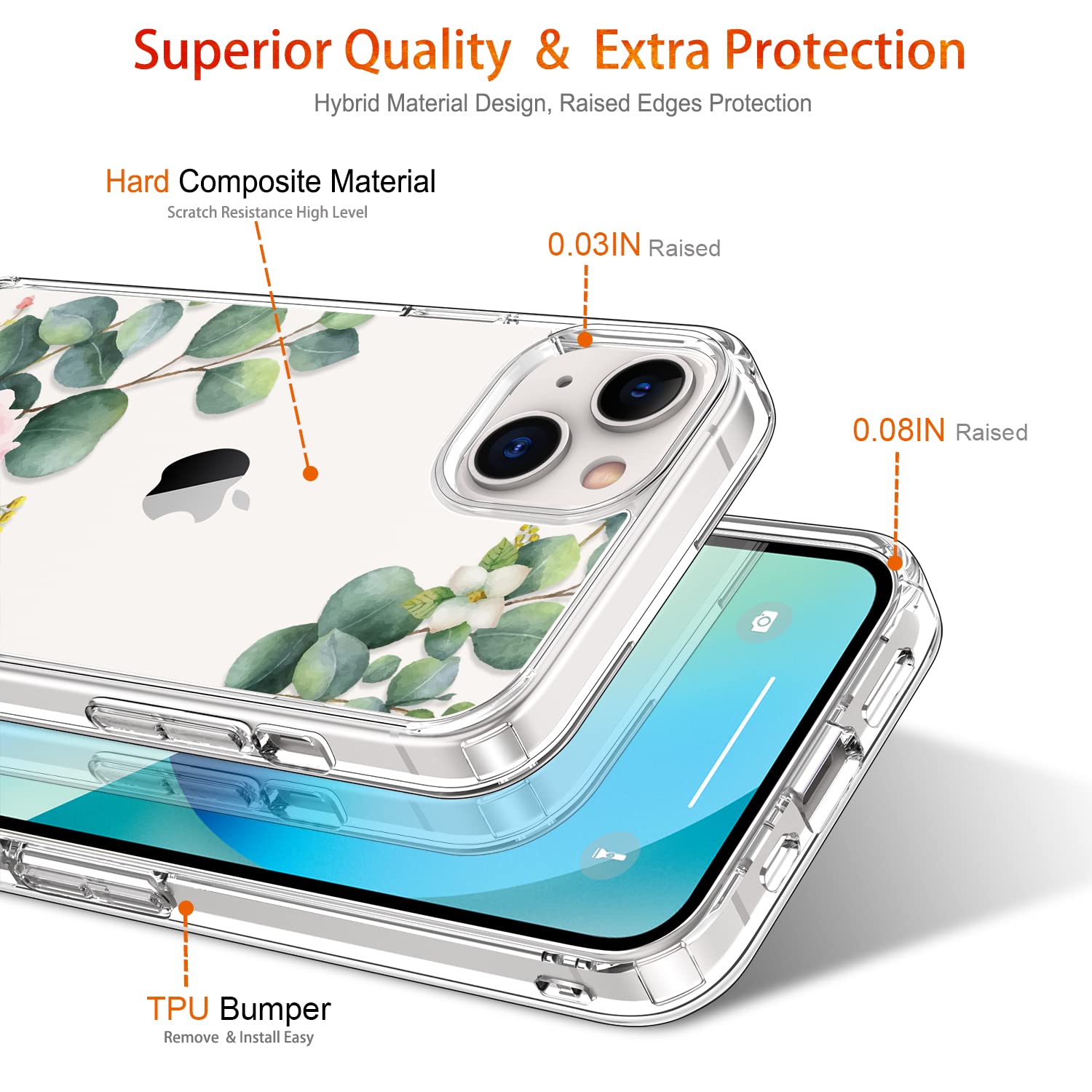 GiiKa iPhone 13 Case with Screen Protector - Clear Floral Design Shockproof Hard Case with TPU Bumper - Full Body Protection for Women & Girls - Perfect for Everyday Use, Work & Travel - Camellia Pattern