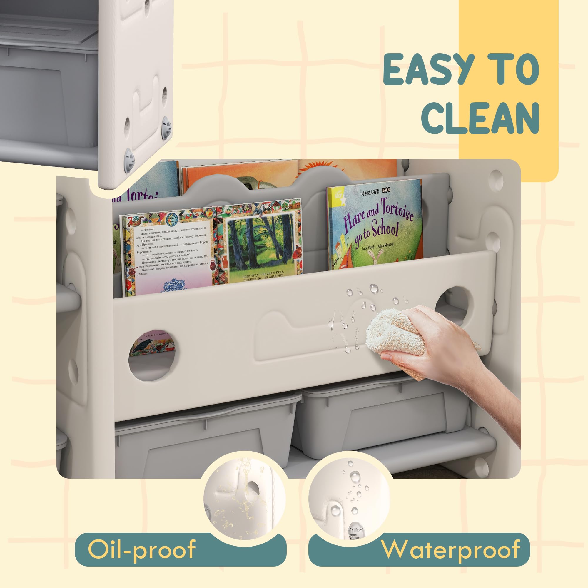 Qaba 4-Bin Toy Storage Organizer with Bookshelves & Racks - Kids Room, Nursery & Playroom Organization - Cream White Toy Box for Easy Cleanup & Child Development