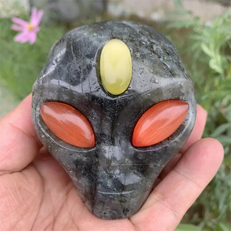 Natural Labradorite Alien Skull Carving - Handmade Crystal Gemstone Decor for Reiki Healing, Witchcraft & Wicca Rituals | Unique Halloween Home Decor, Spiritual Gift & Meditation Space Accent