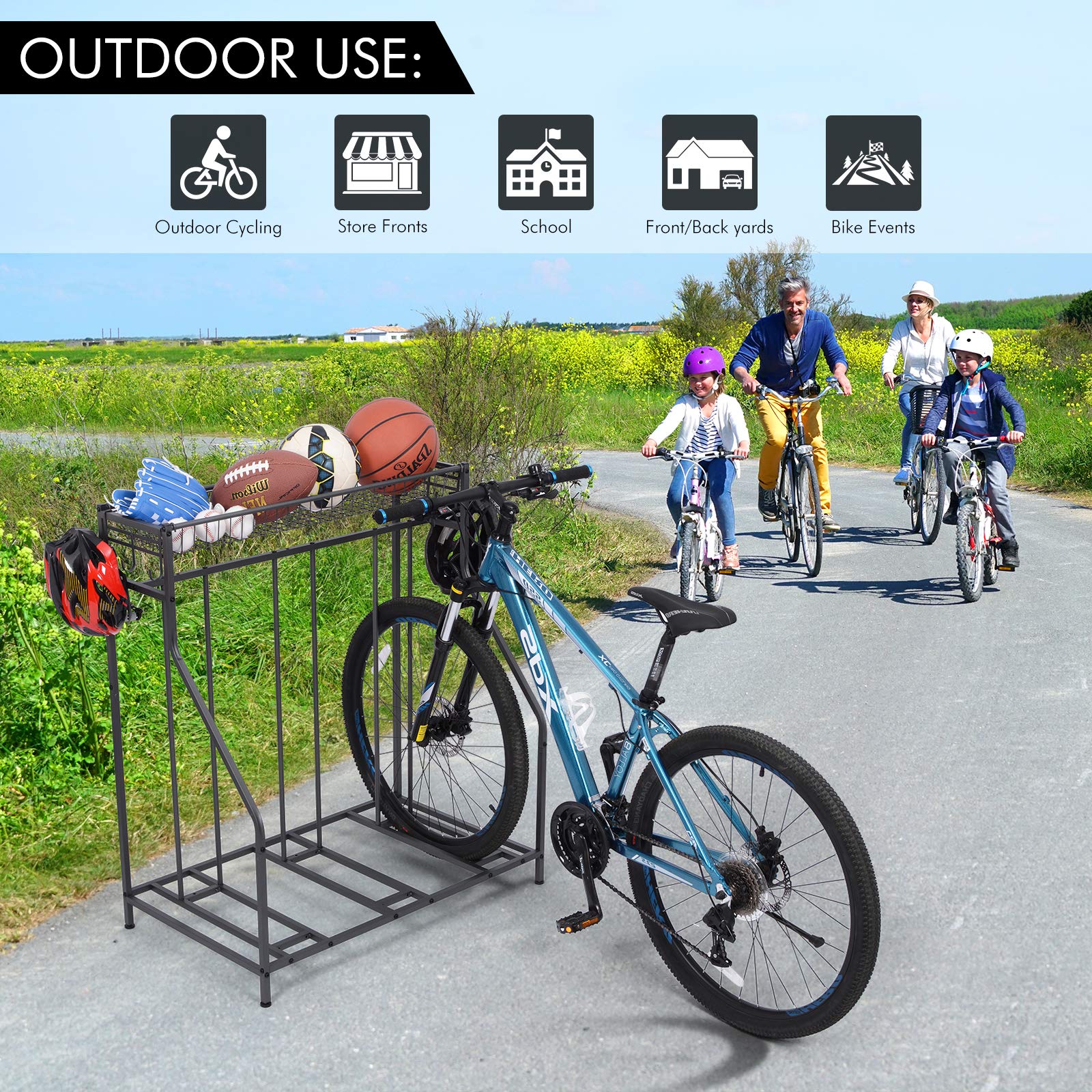 Garage Bike Rack - Heavy Duty Free Standing Bicycle Parking Stand for Mountain, Hybrid & Kids Bikes | Adjustable Bike Slot with 3 Stands & 6 Hooks | Sports Equipment Storage Solution for Home, Garage & Outdoor Use