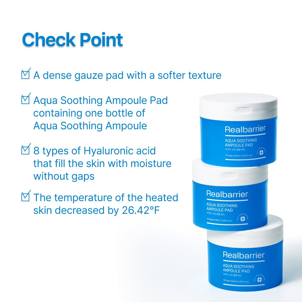 Real Barrier Aqua Soothing Ampoule Pad - 70 Pads | Cooling Facial Mask for Redness Relief & Skin Barrier Repair | Hydrating Face Moisturizer with Hyaluronic Acid | Korean Skincare for Sensitive & Dry Skin | Perfect for Post-Sun Care & Daily Soothing Routine