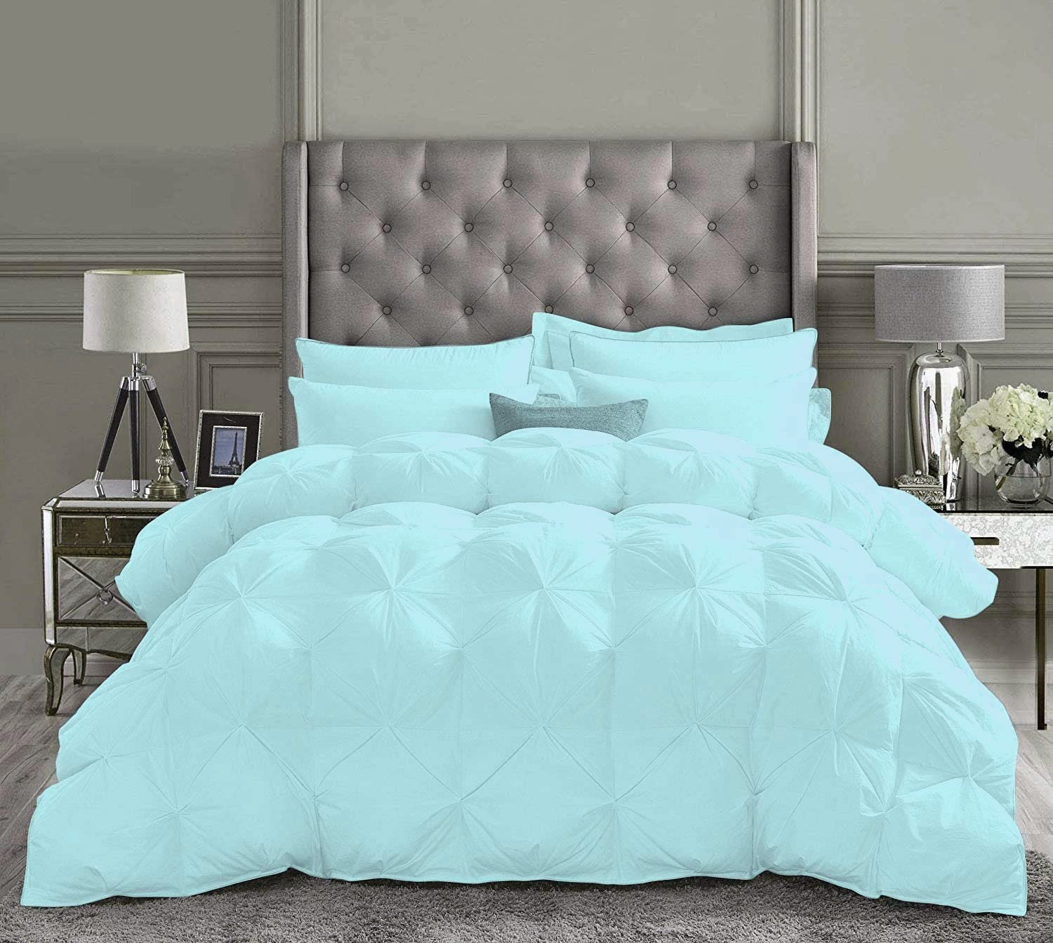 Luxury 500 GSM Aqua Blue Pinch Pleated Super Queen Size Comforter Set - 5 Piece (Comforter + 4 Pillowcases) | 1000 Series Premium Egyptian Cotton Bedding | Perfect for Master Bedrooms, Guest Rooms & Cozy Winter Nights