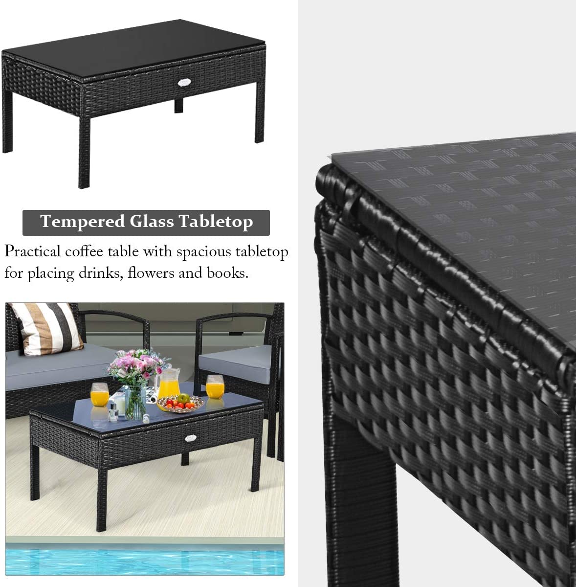 Hysache 4-Piece Outdoor Patio Rattan Conversation Set with Coffee Table & Padded Cushions - Wicker Furniture for Garden, Lawn, Courtyard, Balcony - Perfect for Relaxing, Entertaining & Outdoor Dining