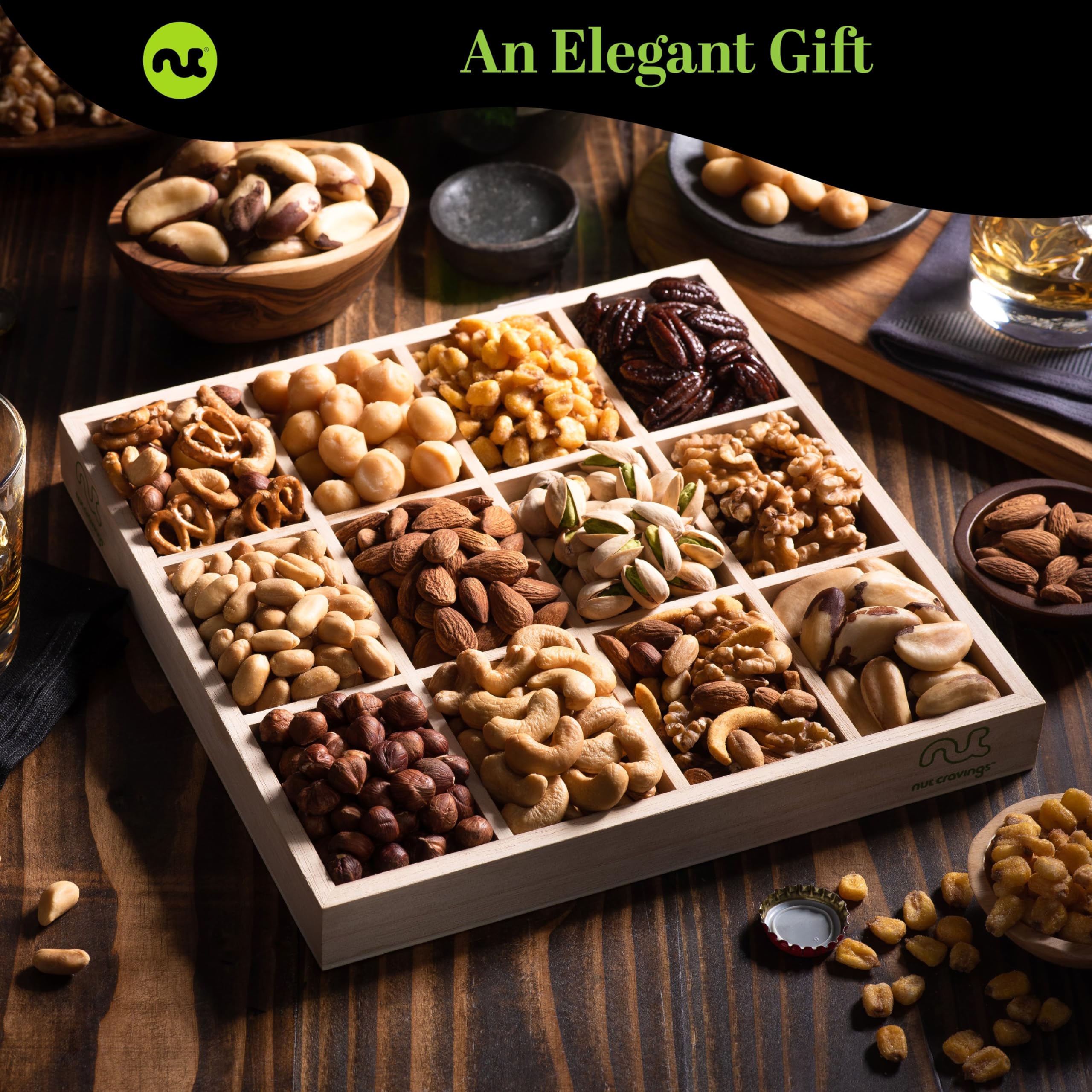 Premium Gourmet Nut Gift Basket - 12 Assortment Kosher Nuts with TY Ribbon & Greeting Card in Reusable Wooden Tray | Thank You Food Platter, Corporate Gifts, Holiday Present, Care Package for Friends & Family