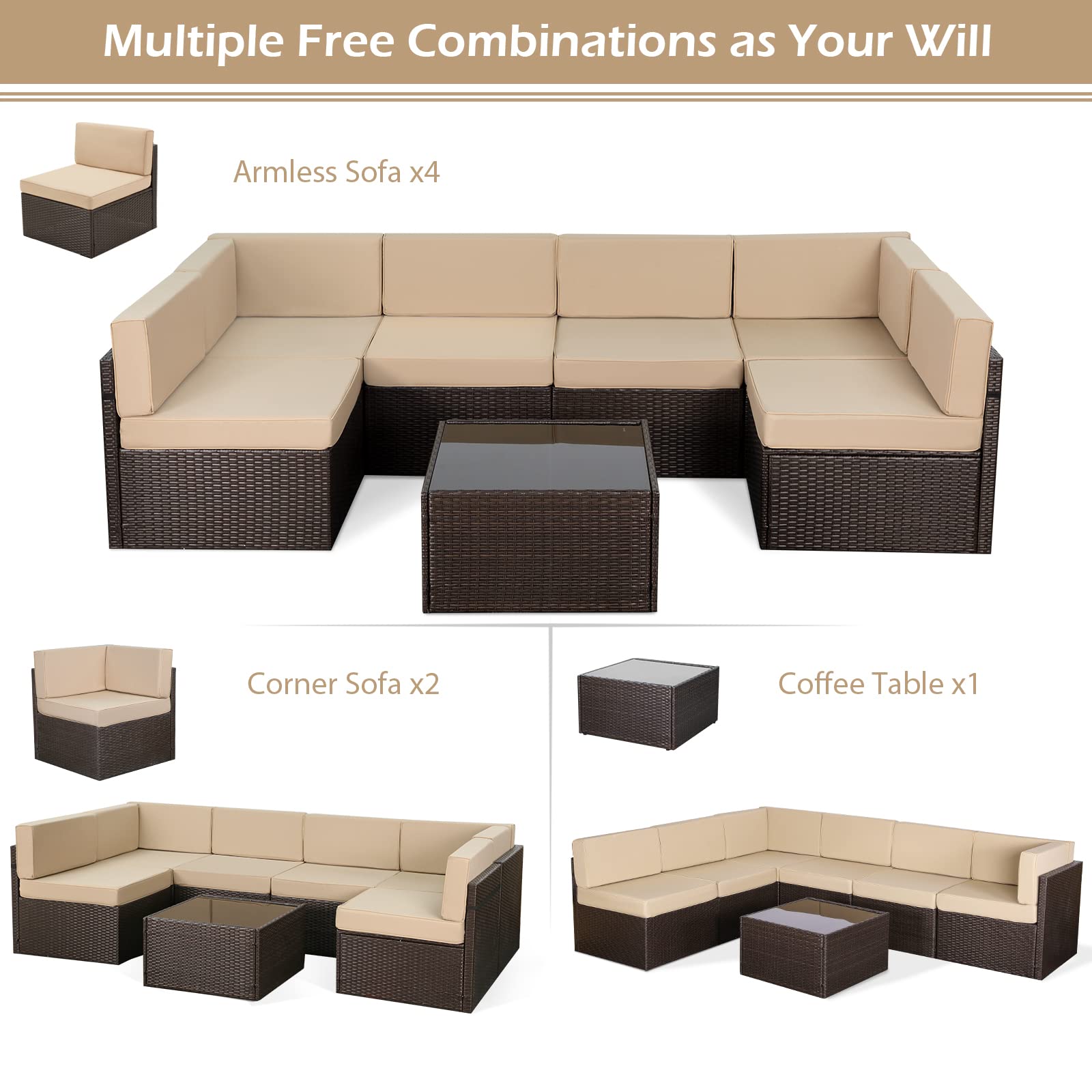 AECOJOY 7-Piece Outdoor Patio Furniture Set with Coffee Table - PE Rattan Sectional Sofa & Khaki Cushions for Garden, Backyard, Poolside - Durable Weather-Resistant Conversation Set for Relaxing & Entertaining Outdoors