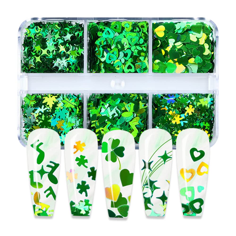 St. Patrick's Day Nail Art Glitters - Green Clover Nail Decals, 3D Holographic Shamrock & Heart Leaf Designs for Acrylic Nails, Manicure Tips & Nail Art Supplies | Perfect for St. Patrick's Day Parties, Nail Salons & DIY Nail Decorations