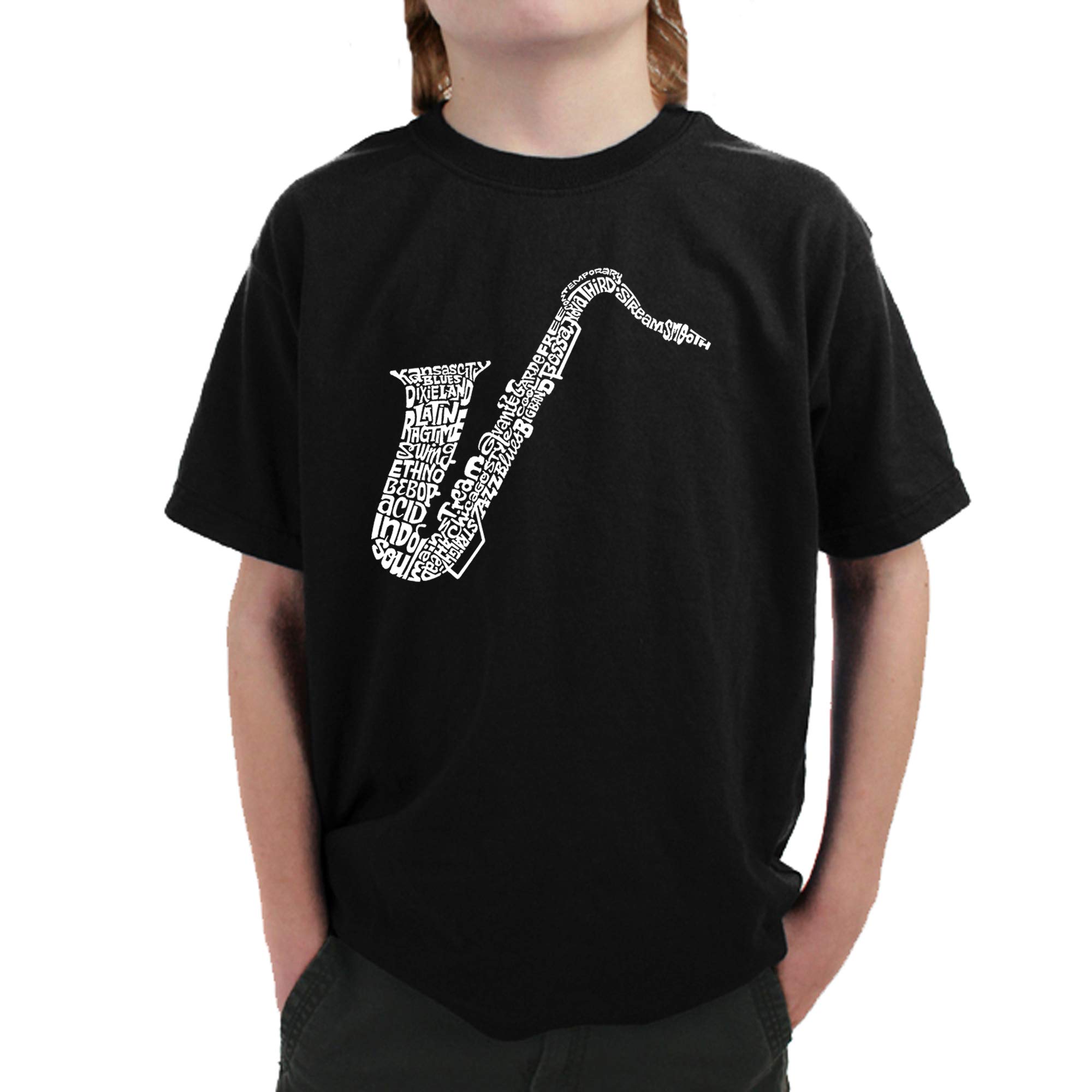 LA POP ART Boys Word Art Graphic T-Shirt - Cool Saxophone Design for Kids | Perfect for Music Lovers, School, and Casual Wear