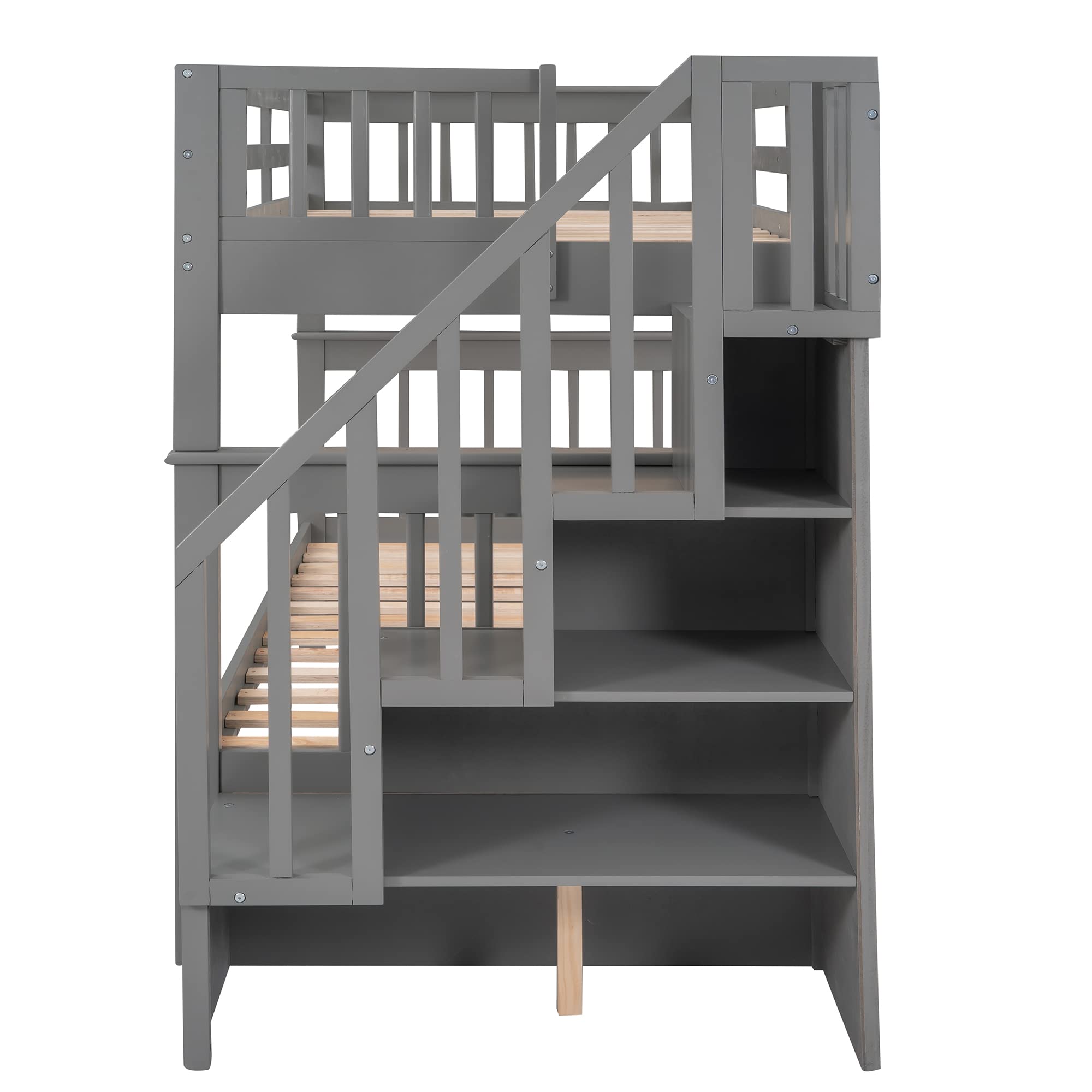 Twin Over Twin Bunk Bed with Storage Drawers & Stairs - Grey for Kids' Bedroom