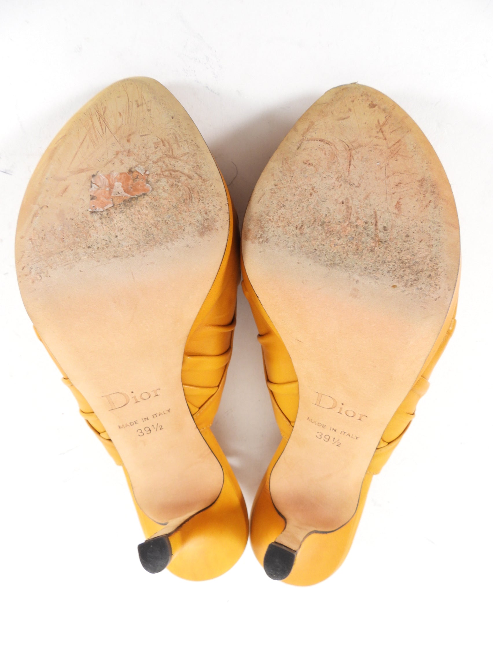 Christian Dior Mustard Yellow Leather Peep Toe Slingback Heels Size 8.5 - Luxury Women's High Heel Sandals for Evening Parties & Weddings