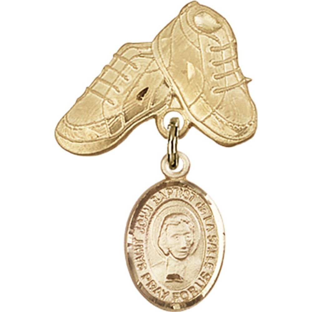 Gold Filled Baby Badge with St. John Baptist de la Salle Charm & Baby Boots Pin - 1x5/8 Inch Religious Jewelry for Christening, Baptism Gifts & Newborn Keepsakes