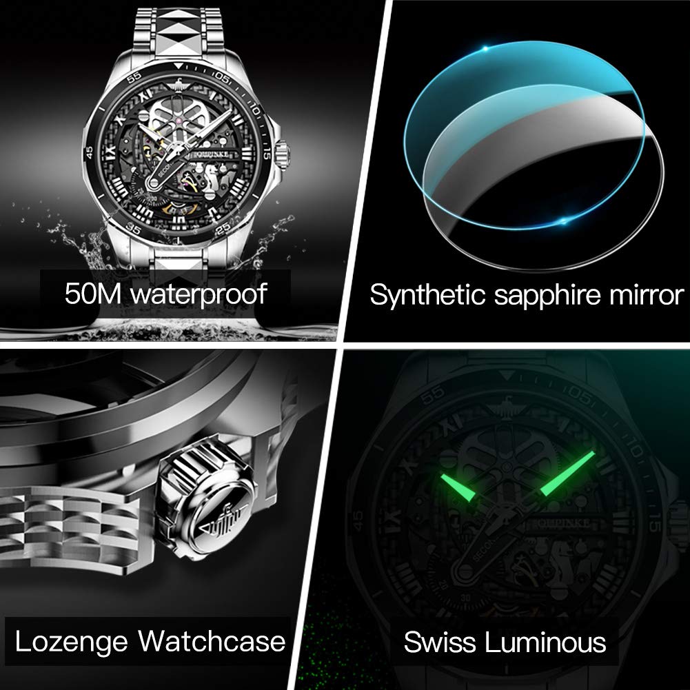 OLEVS Automatic Skeleton Men's Luxury Watch - Mechanical Self-Winding Movement, Sapphire Crystal, Tungsten Steel Case, 50M Waterproof, Luminous Hands - No Battery Needed - Perfect for Business, Formal Events & Daily Wear